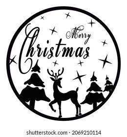 Vector christmas icon in round frame with text Merry Christmas, deer, and fir on white background. Simple template for christmas card