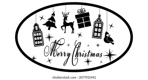 Vector christmas icon in round frame with text Merry Christmas, deer, gift box, house, bird and fir on white background. Simple template for christmas card