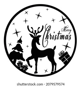 Vector christmas icon in round frame with text Merry Christmas and deer on white background. Simple template for christmas card