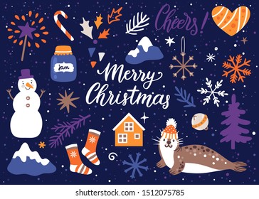 Vector Christmas icon set. Holiday poster with cute seal, snowman, fir tree and hand written text "Merry Christmas" and "Cheers!". Scrapbook collection.