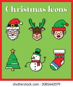 Vector Christmas icon set includes santa, tree, snowman, reindeer, elf, boot.