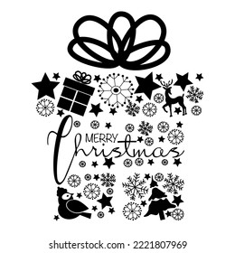 Vector christmas icon  with text Merry Christmas and gift box on white background. Simple template for christmas card