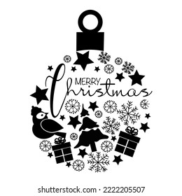 Vector christmas icon  with text Merry Christmas and christmas ball on white background. Simple template for christmas card