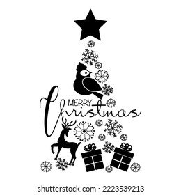 Vector christmas icon  with text Merry Christmas and christmas deer on white background. Simple template for christmas card