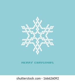 Vector christmas icon. White snowflake made from rhombuses, greeting inscription. Original elegant simple design element. Abstract decorative blue illustration in geometric style for print, web