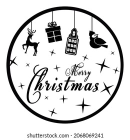 Vector christmas icons set in round frame with text Merry Christmas, gift box, deer, house and bird on white background. Simple template for christmas card