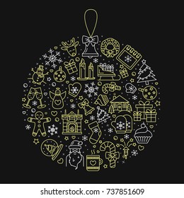 Vector Christmas icons set. Winter holidays - fireplace, snowman, christmas tree gift, santa claus, fireworks, angel. Modern signs, line icons set for websites, web design, mobile app, info-graphics