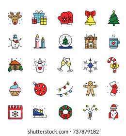 Vector Christmas icons set. Winter holidays - fireplace, snowman, christmas tree gift, santa claus, fireworks, angel. Modern signs, line icons set for websites, web design, mobile app, info-graphics