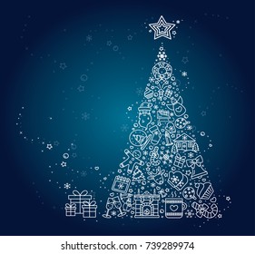 Vector Christmas icons set. Winter holidays - fireplace, snowman, christmas tree gift, santa claus, fireworks, angel. Modern signs, line icons set for websites, web design, mobile app, info-graphics