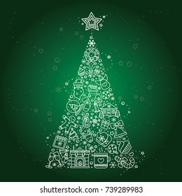Vector Christmas icons set. Winter holidays - fireplace, snowman, christmas tree gift, santa claus, fireworks, angel. Modern signs, line icons set for websites, web design, mobile app, info-graphics
