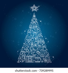 Vector Christmas icons set. Winter holidays - fireplace, snowman, christmas tree gift, santa claus, fireworks, angel. Modern signs, line icons set for websites, web design, mobile app, info-graphics