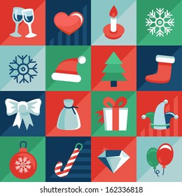 Vector christmas icons and signs in retro flat style - greeting card design elements