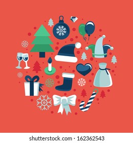 Vector christmas icons and signs in retro flat style - greeting card design elements