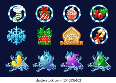Vector Christmas Icons For Slots. Complete Set Icons For Casino Slot Game On A Separate Layer. Assets 2D Game