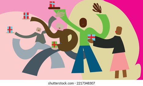 Vektorgrafik zu Weihnachten mit abstrakten Zeichen verschiedener ethnischer Herkunft. Eine Gruppe gesichtsloser Menschen. Menschen, die Geschenke tragen. Weihnachten, Weihnachtsgeschenk, multikulturelles Geschenk, Schenkung, Freunde, Familie