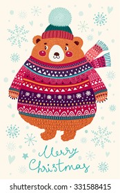 Vector Christmas illustration with Adorable cute little Bear. Christmas Postcard