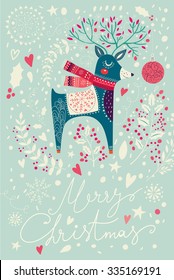Vector Christmas illustration with Adorable Deer. Christmas Postcard