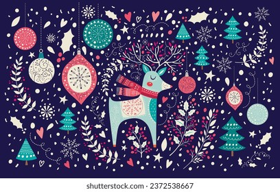 Vector Christmas illustration with beautiful Christmas deer, toys and snowflakes. Decorative Christmas and New Year banner. Greeting Christmas card

