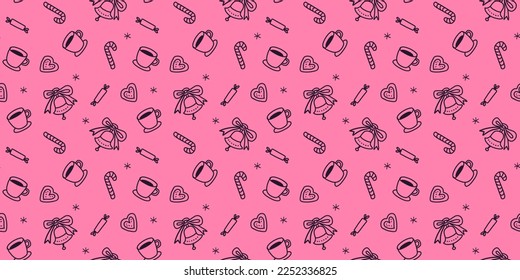 Vector christmas illustration of black line winter holiday object on pink color background. Flat line art style design of seamless pattern with sweet cane, coffee cup, cookie for web, site, banner