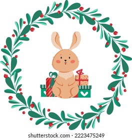 Vector Christmas illustration with bunny,  cranberries.