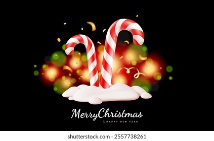 Vector christmas illustration of candy cane in snow on black background with text Merry Christmas and Happy New Year. Winter sweet gift. 3d cartoon style design of striped candy cane with confetti