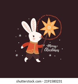 Vector Christmas illustration with caroling rabbit and Christmas star. Holiday childish poster with cute bunny and hand written text “Merry Christmas”. Winter background with kids cartoon character.