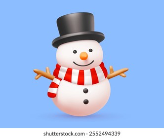 Vector christmas illustration of cartoon cute snowman on blue background. 3d realistic style winter holiday design of happy smile snowman in striped scarf for Merry Christmas and Happy New Year banner