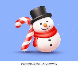 Vector christmas illustration of cartoon snowman and striped candy cane on blue background with snowflake. 3d realistic style winter holiday design of cute snowman with candy cane for Merry Christmas