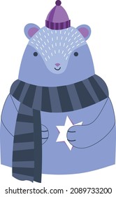 Vector Christmas illustration in cartoon style. Pastel blue bear in a hat with a star in its paw.