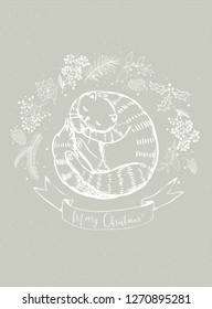 Vector Christmas illustration with cat on beige snowy craft background. Postcard / greeting card - holiday cat and floral Christmas wreath. Winter design. Merry Christmas!