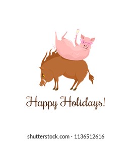 Vector christmas illustration of a cheerful pig with champagne on the wild angry boar. Text happy holidays. Isolated on the white background.