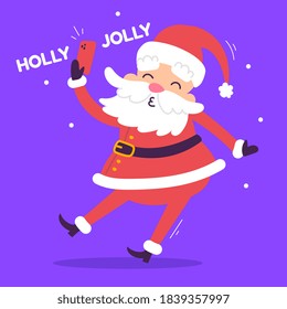 Vector christmas illustration of cheerful santa claus taking selfie on smart phone on color background