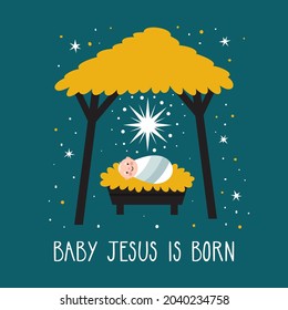 Ilustración vectorial navideña del Niño Cristo en el hombro bajo la estrella de Belén. Tarjeta cristiana con escena de la Natividad y texto escrito a mano "Nace el Niño Jesús". Tradicional fondo de vacaciones.