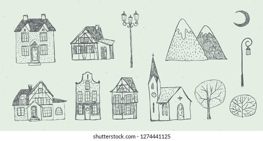 Vector Christmas illustration collection of cozy houses, cottages, church, mountains, street lamps, moon, trees on grey craft background. Winter design. Merry Christmas and Happy New Year!