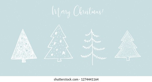 Vector Christmas illustration collection of fir Christmas trees on blue snowy craft background. Winter design. Merry Christmas and Happy New Year!