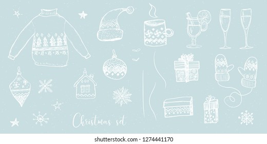 Vector Christmas illustration collection - sweater, toys, Christmas tree decorations, champagne glasses, hat, house, gifts, gloves, snowflakes, tea cup on blue snowy craft background. Winter design.