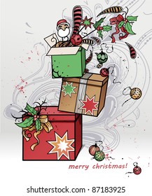 vector christmas illustration of colorful boxes with christmas gifts and decorations