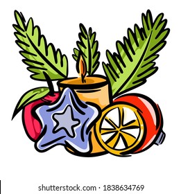  Vector christmas illustration composition with candle orange color, fir branches, apple, ball, lemon
