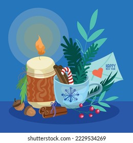 Ilustración de navidad vectorial. Composición con una vela y una taza, canela, bayas, hogar acogedor de invierno. Feliz diseño de año nuevo para felicitaciones, postales, afiches
