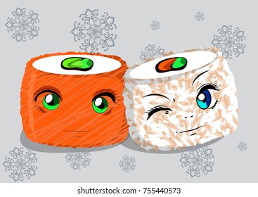 Vector Christmas illustration of a couple of rolls under a beautiful snow