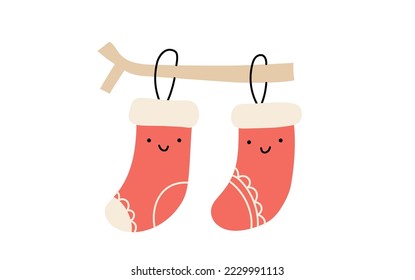 Ilustración de navidad vectorial pareja de calcetines rojos calientes de punto alegres y sonrientes. Par de adorables elementos estampados para el diseño invernal. Confort y trato. Estilo minimalista Doodle.