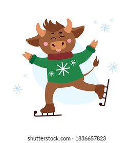 Vector christmas illustration of cow, ox or bull ice skating in ugly sweater around snow flakes. Year of bull 2021 concept. Christmas holidays, xmas illustration