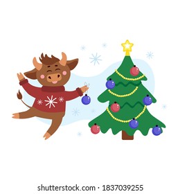 Vector christmas illustration of cow, ox or bull with christmas ball in ugly sweater around snow flakes decorating christmas tree. Year of bull 2021 concept. Christmas holidays, xmas illustration