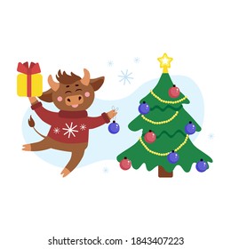 Vector christmas illustration of cow, ox or bull in ugly sweater with gift box decorate the Christmas tree around snow flakes. Year of bull 2021 concept. Christmas holidays, xmas illustration