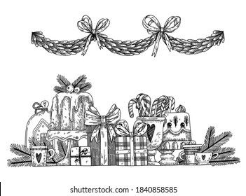 Vector Christmas illustration with cupcakes, cakes, gifts, fir branches and garland in graphic style. Vector illustration for a Christmas showcase of a coffee shop or pastry shop. Hand draw artwork