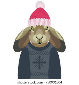 vector Christmas illustration of a cute boy hare in  sweater and hat on white background