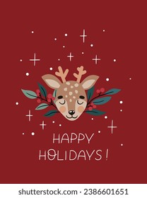 Vector Christmas illustration with cute deer and lettering in flat style. Can be used for cards, posters, printing on fabric, paper, etc.