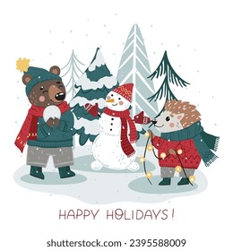 Vector Christmas illustration with a cute hedgehog, bear and snowman on a winter landscape background. Can be used to print on fabric, paper, cards, posters and more.