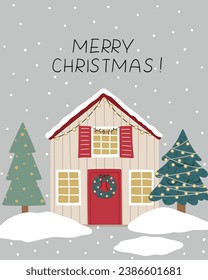 
Vector Christmas illustration with cute house lettering in flat style. Can be used for cards, posters, printing on fabric, paper, etc.