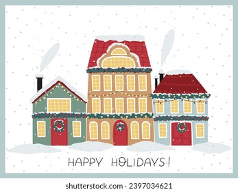 Vector Christmas illustration with cute houses on a winter landscape background. Can be used to print on fabric, paper, cards, posters and more.